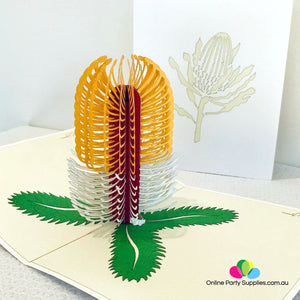 Handmade Australian Native Flower Yellow White Banksia Pop Up Greeting Card - Online Party Supplies