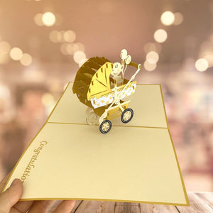 Handmade Baby In Gold Pram 3D Pop Up Baby Shower Card Invitation