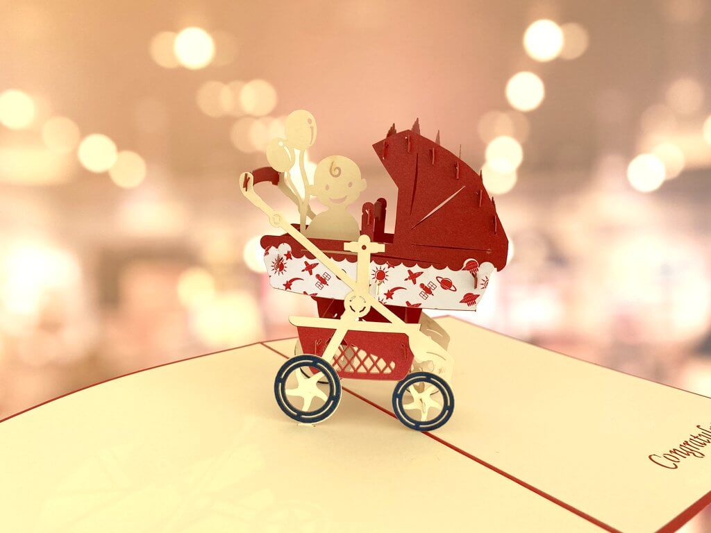 Handmade Baby In Red Pram 3D Pop Up Card