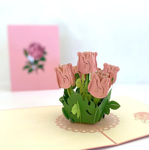 Handmade Baby Pink Rose Bouquet 3D Pop Up Greeting Card - Mother's Day, Valentine's Day Pop Up Cards - Wedding Invitations