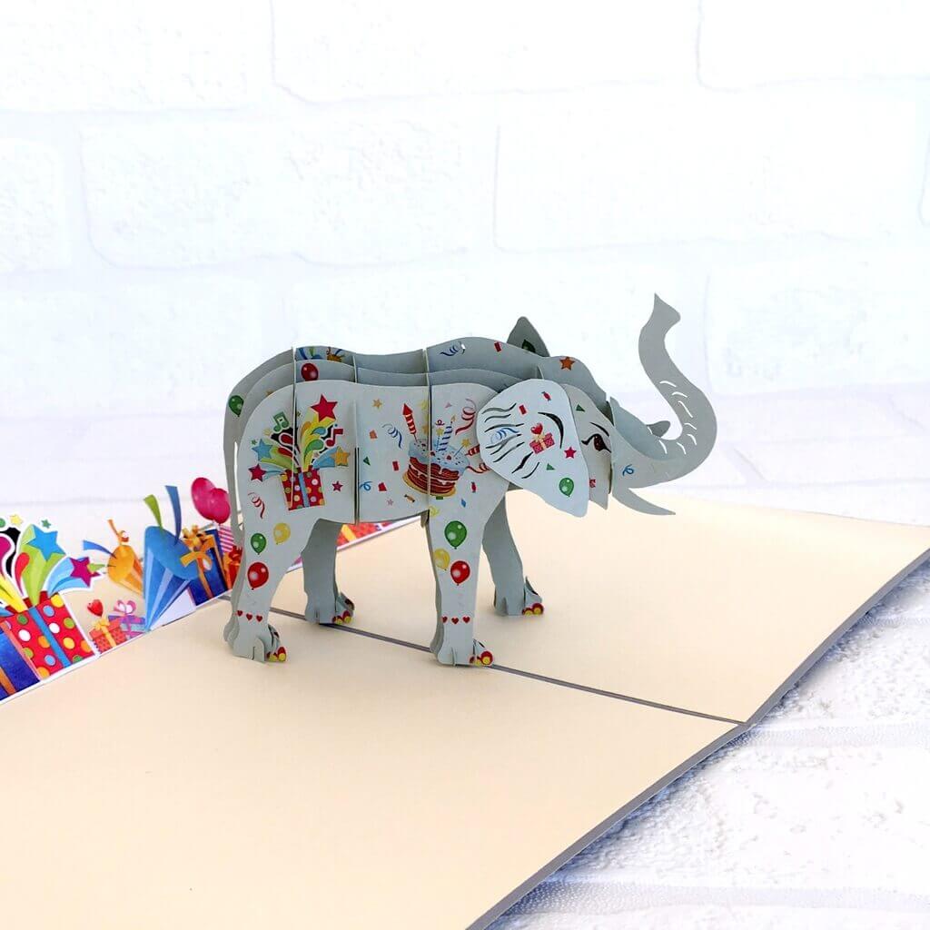 Handmade Online Party Supplies Asian Elephant with Presents 3D Birthday Pop Up Card
