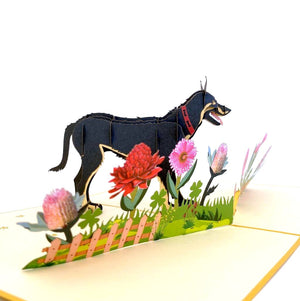 Handmade Black Australian Kelpie Dog in Flower Garden Pop Up Card - 3D Animal Cards - Cards for Dog Lovers