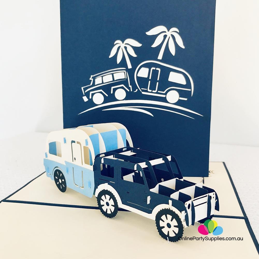 Handmade Blue 4WD Towing Vintage Caravan Pop Up Card - Online Party Supplies