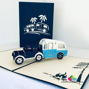 Handmade Blue 4WD Towing Vintage Caravan Pop Up Card - Online Party Supplies