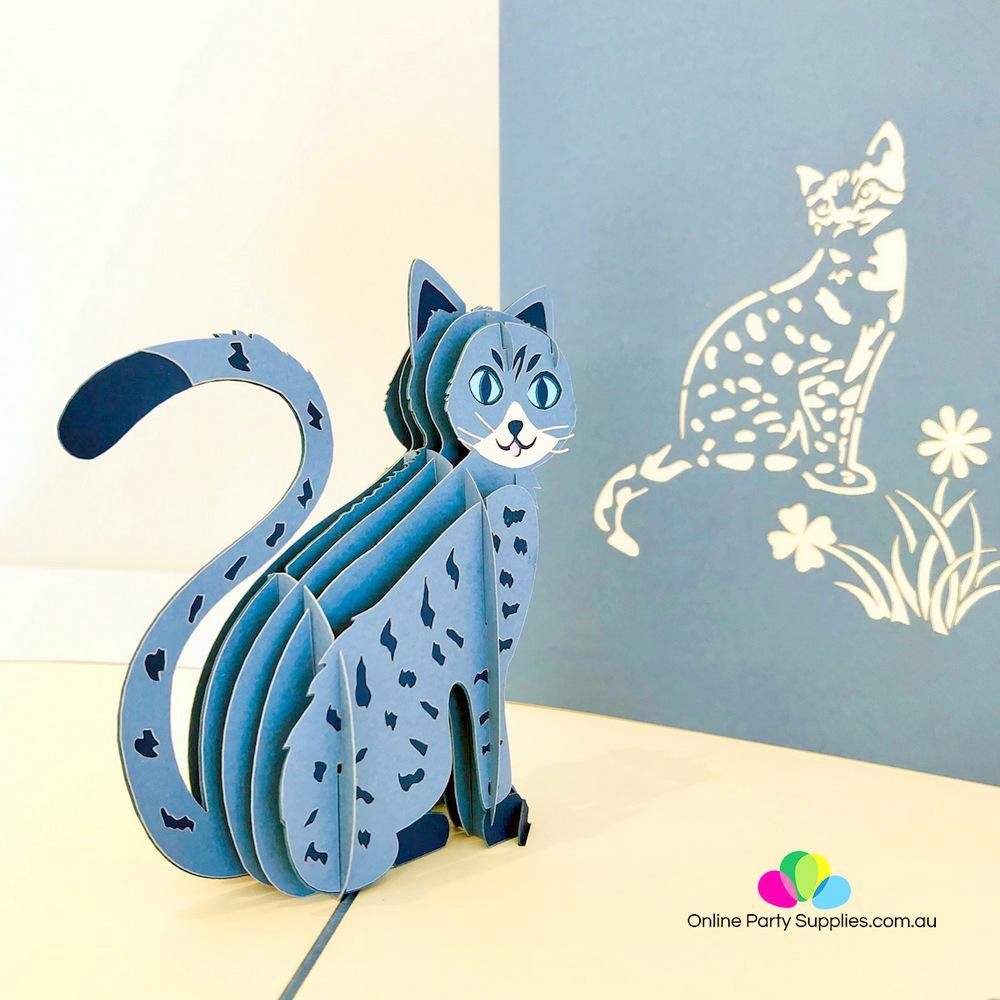 Handmade Blue Cat Pop Up Greeting Card - Online Party Supplies
