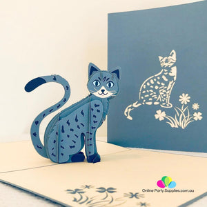 Handmade Blue Cat Pop Up Greeting Card - Online Party Supplies