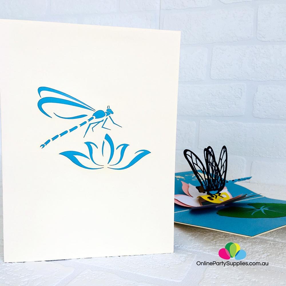 Blue Dragonfly Landing on Lotus Pop Up Card - 3D Cards