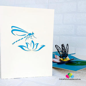 Handmade Blue Dragonfly Landing on Lotus Pop Up Card - Online Party Supplies