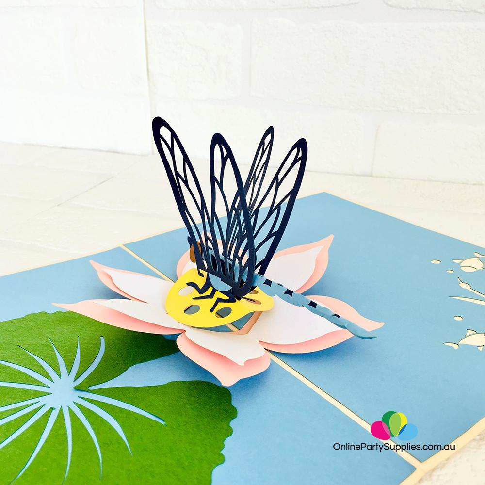 Handmade Blue Dragonfly Landing on Lotus Pop Up Card - Online Party Supplies
