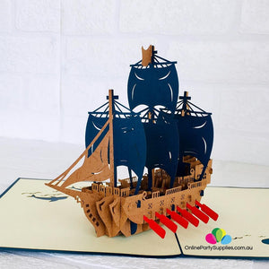 Handmade Blue Viking Ship Pop Up Card - Online Party Supplies