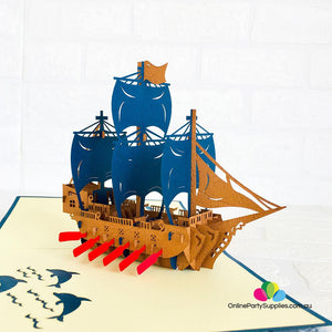 Handmade Blue Viking Ship Pop Up Card - Online Party Supplies