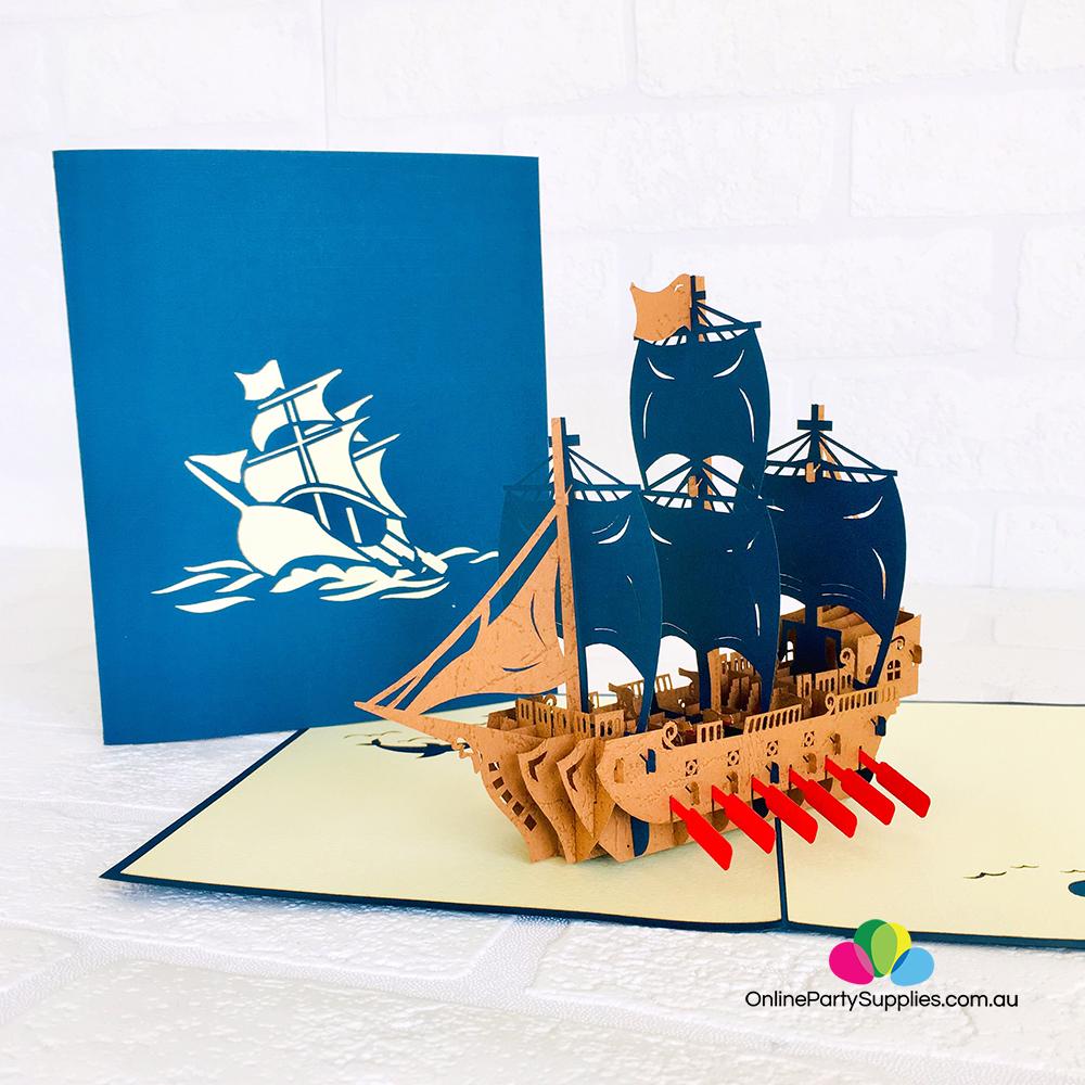 Handmade Blue Viking Ship Pop Up Card - Online Party Supplies