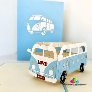 Handmade Blue Vintage VW Kombi Camper Pop Up Card - Online Party Supplies