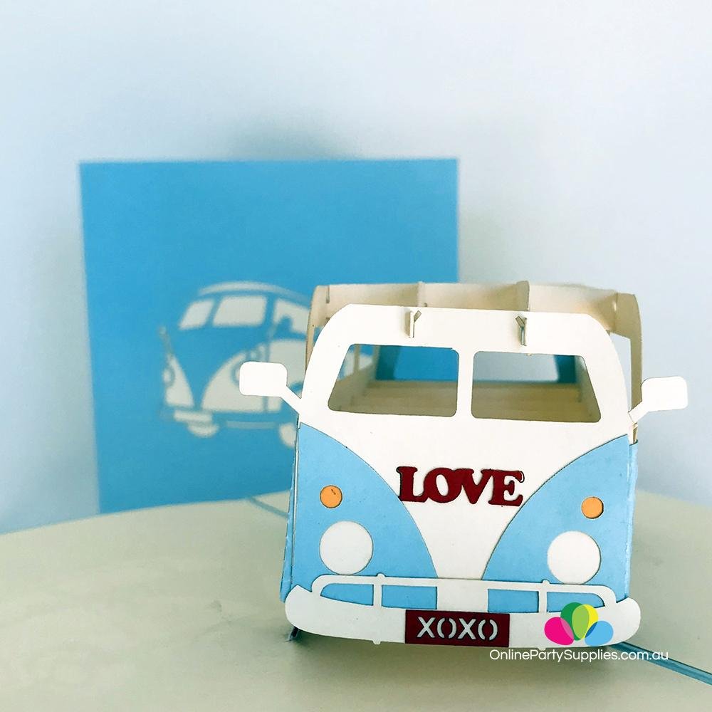 Handmade Blue Vintage VW Kombi Camper Pop Up Card - Online Party Supplies