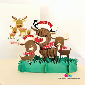 Handmade Brown Christmas Reindeer Family Pop Up Xmas Card - Online Party Supplies