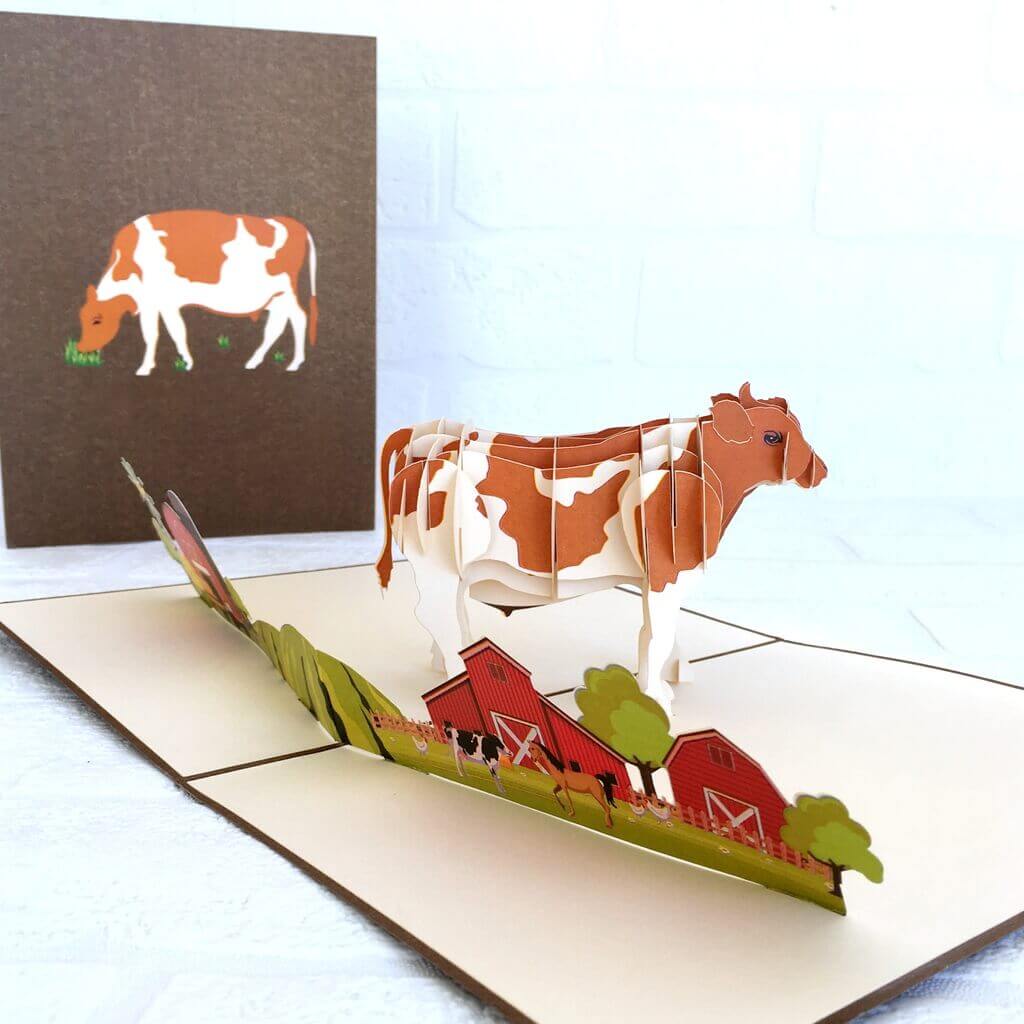 Handmade Online Party Supplies Brown and White Australian Cow 3D Animal Pop Up Birthday Card