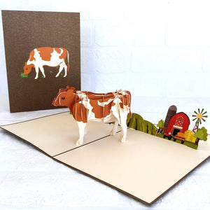 Handmade Online Party Supplies Brown and White Australian Cow 3D Animal Pop Up Card