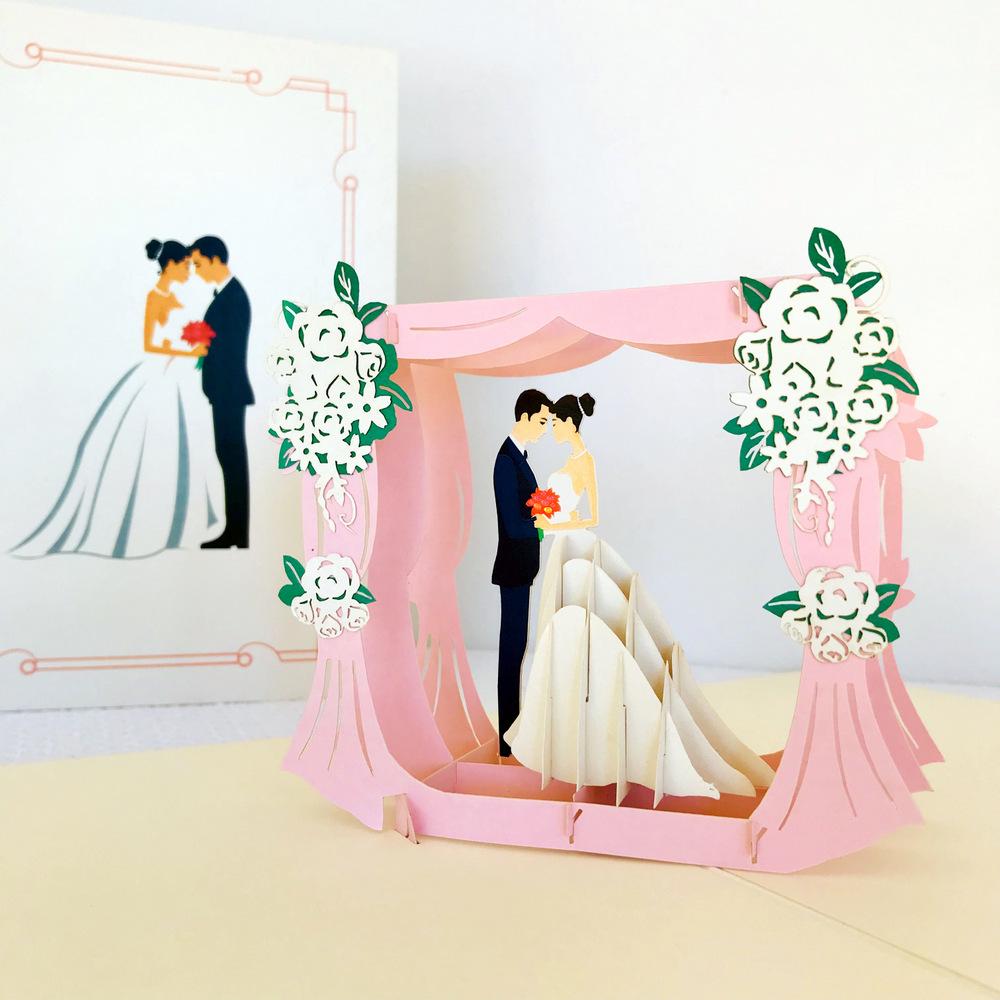 Handmade Classic Ivory Wedding Under Pink Curtains Pop Up Card - 3D Wedding Invitations - Online Party Supplies