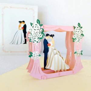 Handmade Classic Ivory Wedding Under Pink Curtains Pop Up Card - 3D Wedding Invitations - Online Party Supplies