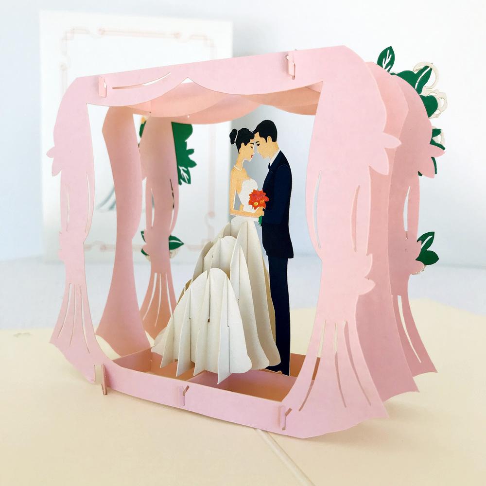 Handmade Classic Ivory Wedding Under Pink Curtains Pop Up Card - 3D Wedding Invitations - Online Party Supplies