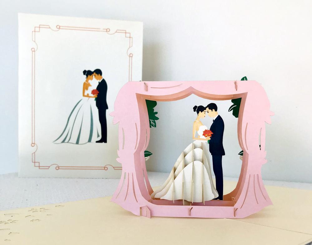 Handmade Classic Ivory Wedding Under Pink Curtains Pop Up Card - 3D Wedding Invitations - Online Party Supplies