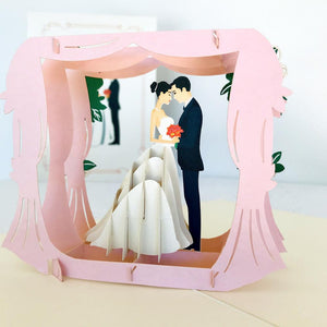 Handmade Classic Ivory Wedding Under Pink Curtains Pop Up Card - 3D Wedding Invitations - Online Party Supplies