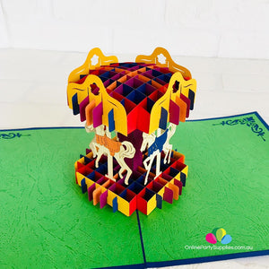 Handmade Colourful Carousel Merry Go Round 3D Pop Up Card - Online Party Supplies
