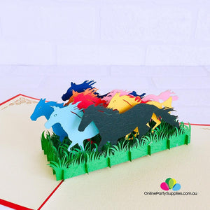 Handmade Colourful Free Roaming Wild Horses 3D Pop Up Greeting Card - Online Party Supplies