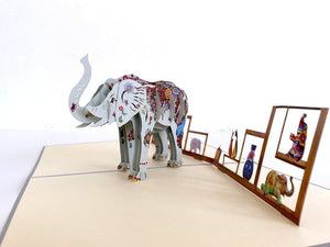 Handmade Colourful Hand Painted Elephant 3D Pop Up Card