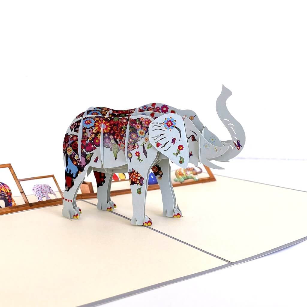 Handmade Colourful Hand Painted Elephant 3D Pop Up Card