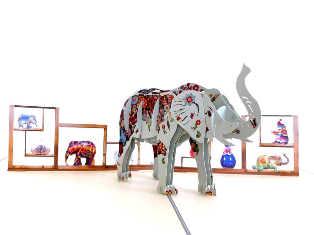 Handmade Colourful Hand Painted Elephant 3D Pop Up Card
