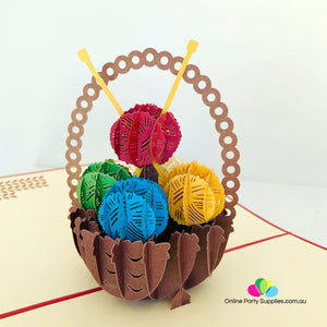 Handmade Colourful Knitting Yarn Basket Pop Up Greeting Card - Online Party Supplies