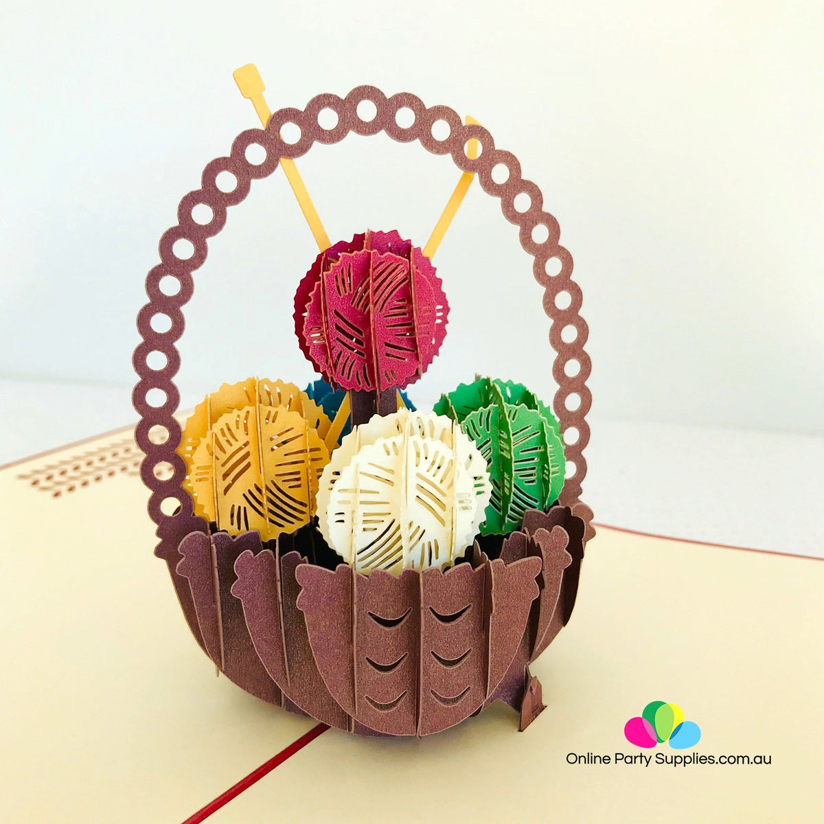 Handmade Colourful Knitting Yarn Basket Pop Up Greeting Card - Online Party Supplies