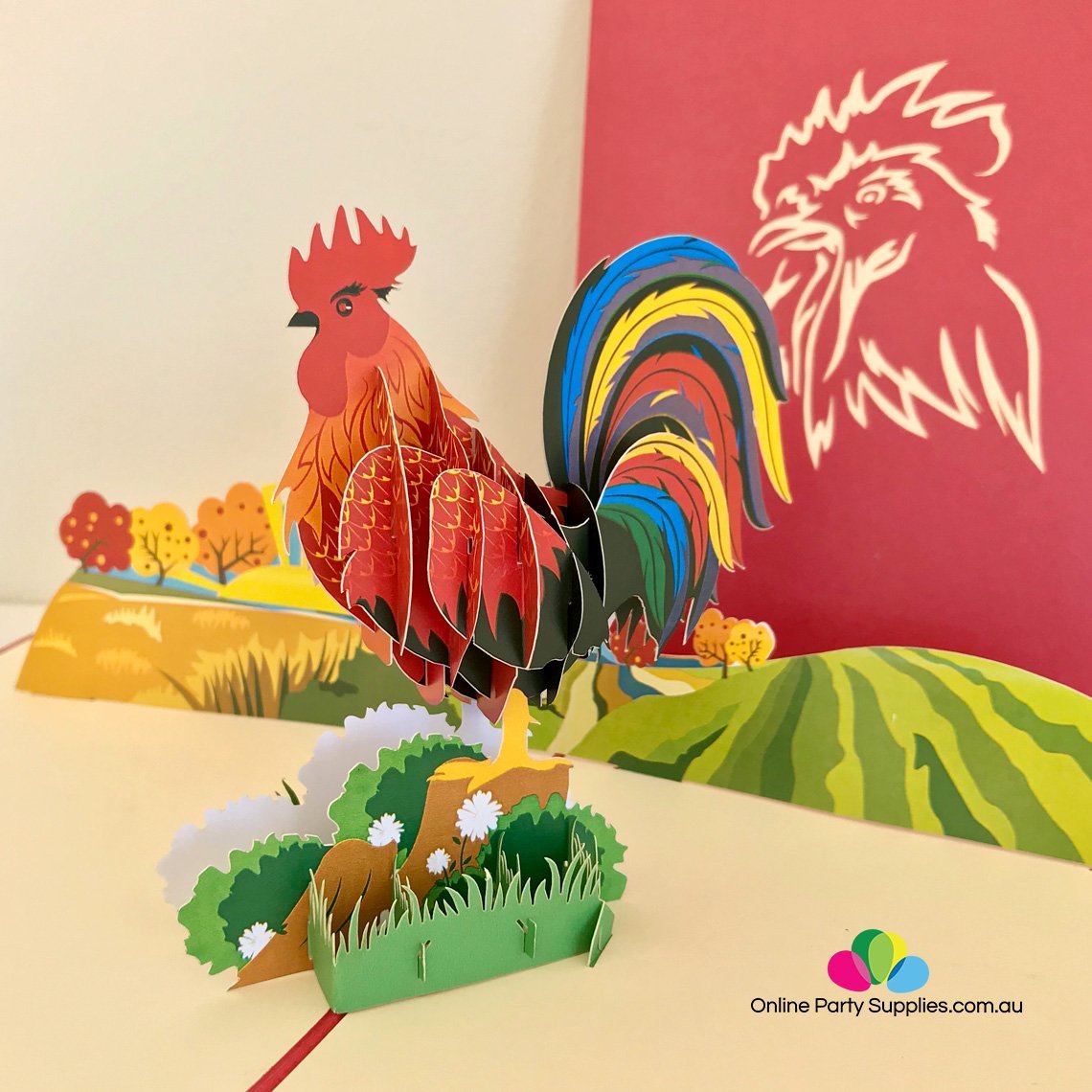 Handmade Colourful Rooster 3D Pop Up Greeting Card - Online Party Supplies