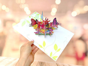 Colourful Spring Butterflies Resting on Flower Garden Bed Pop Up Card