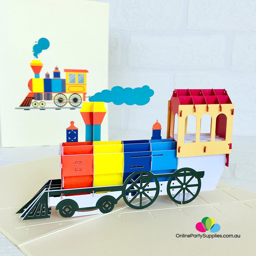 Handmade Colourful Steam Locomotive Pop Up Card - Online Party Supplies