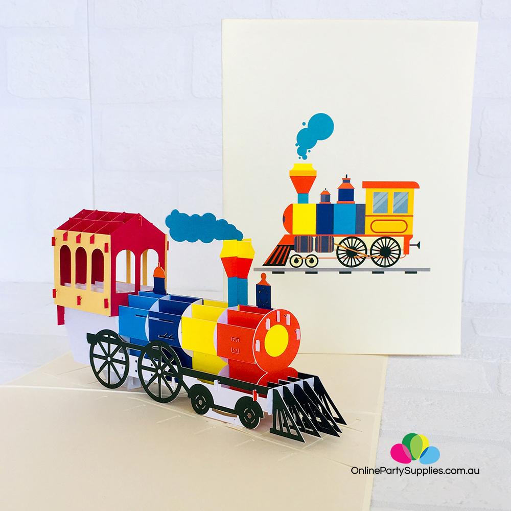 Handmade Colourful Steam Locomotive Pop Up Card - Online Party Supplies