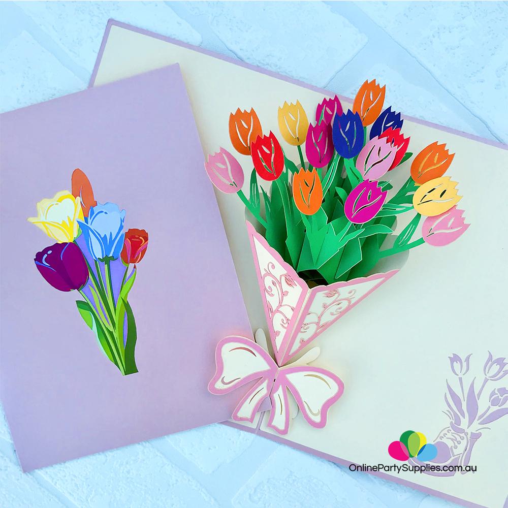 Handmade Colourful Tulip Flower Bouquet 3D Pop Up Card - Online Party Supplies