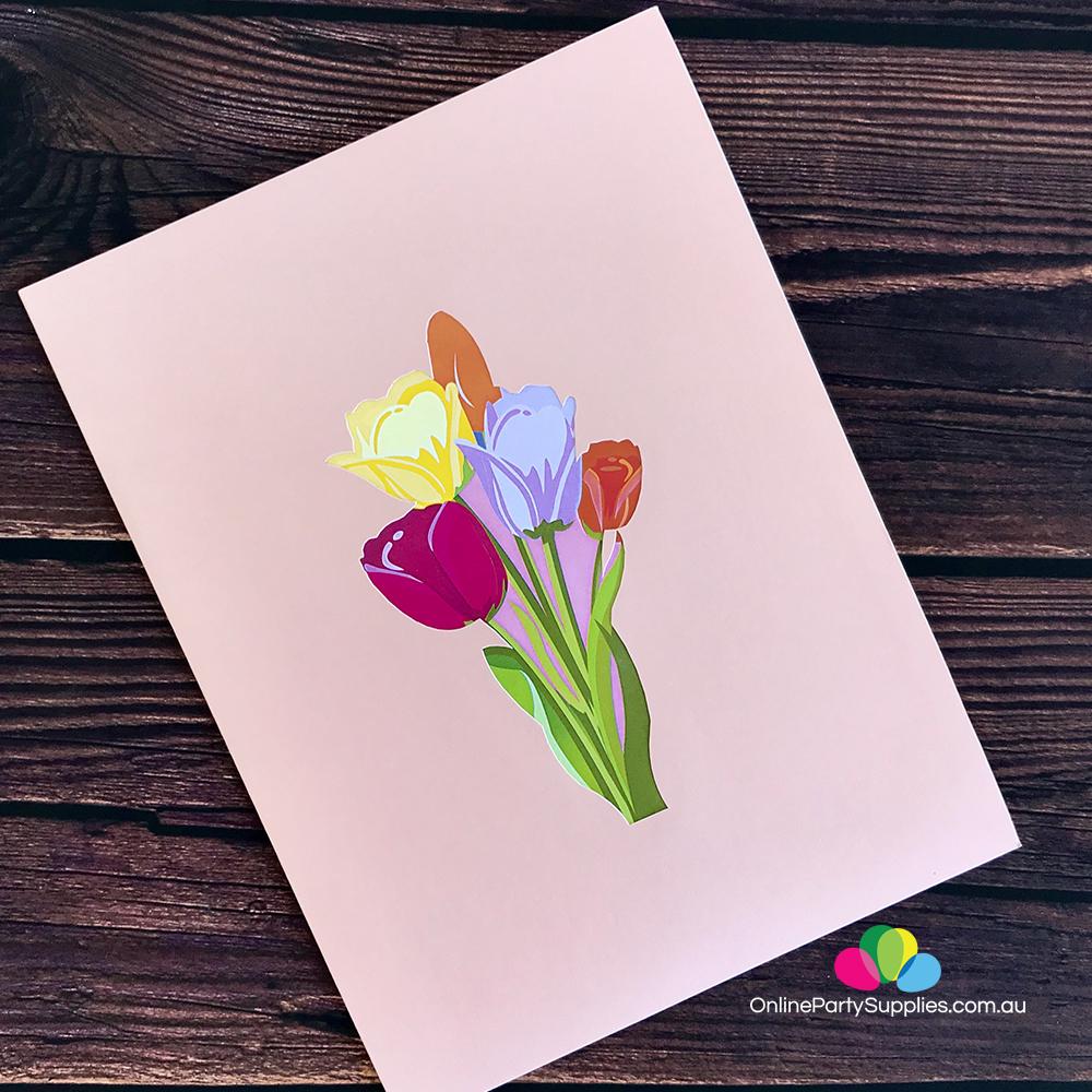Handmade Colourful Tulip Flower Bouquet 3D Pop Up Card - Online Party Supplies