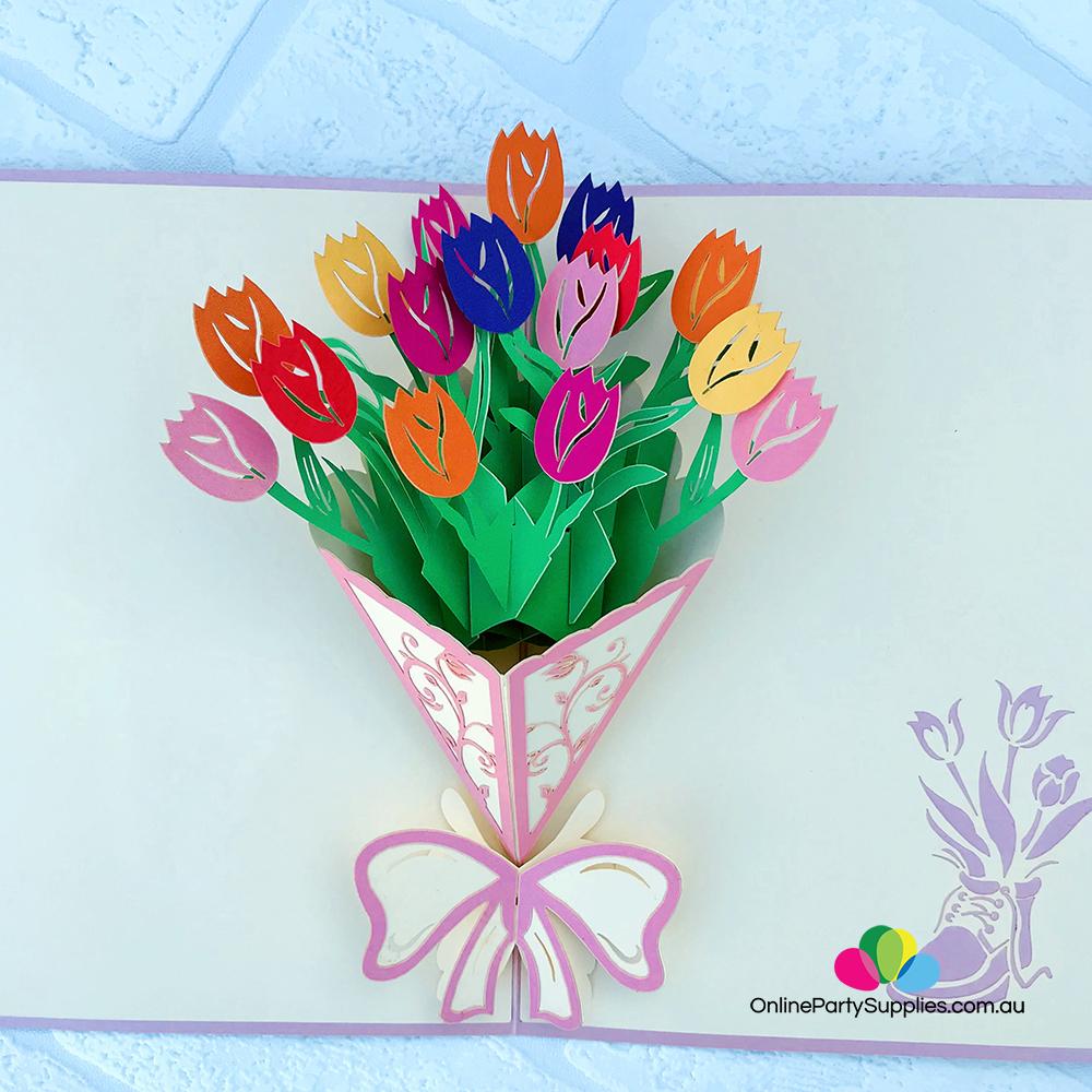 Handmade Colourful Tulip Flower Bouquet 3D Pop Up Card - Online Party Supplies