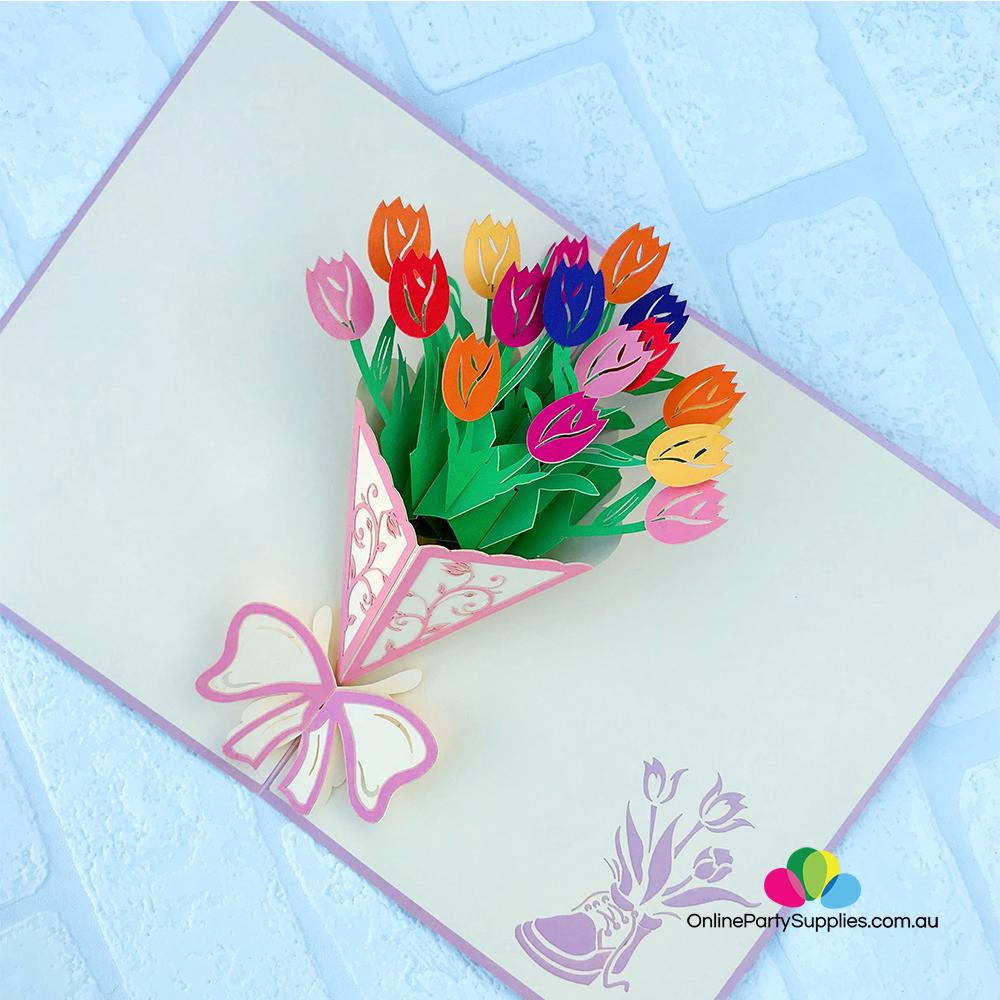 Handmade Colourful Tulip Flower Bouquet 3D Pop Up Card - Online Party Supplies