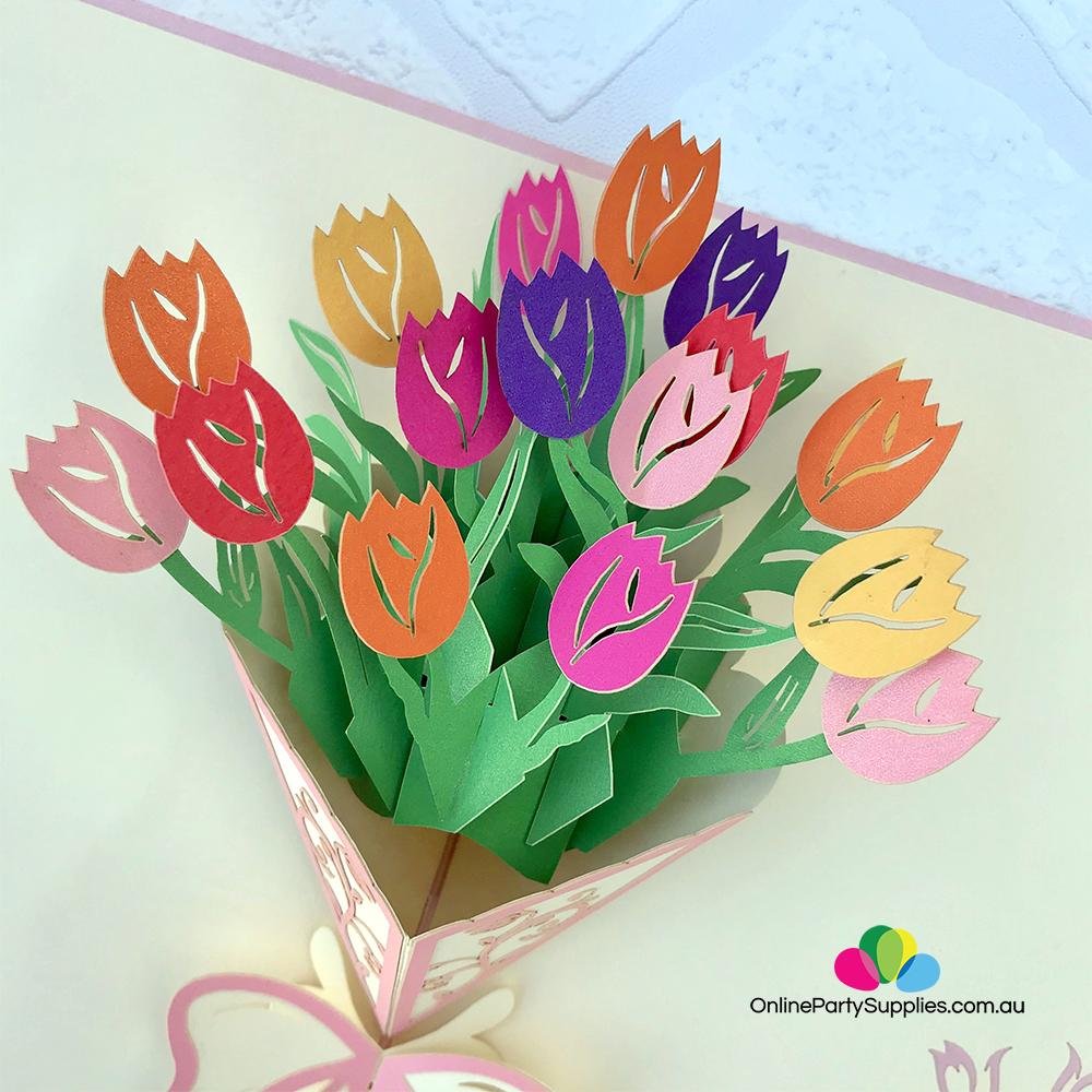 Handmade Colourful Tulip Flower Bouquet 3D Pop Up Card - Online Party Supplies