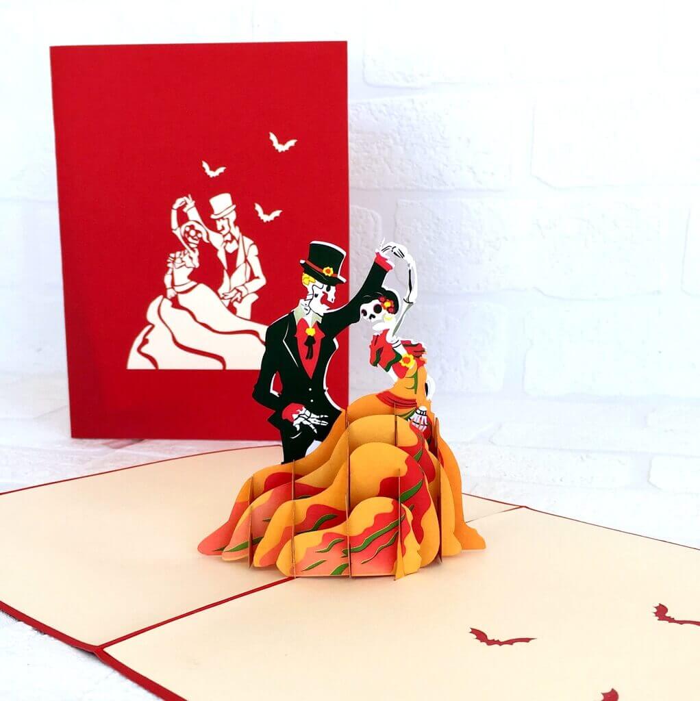 Handmade Skeleton Wedding Couple Dancing Halloween Pop Up Greeting Card for her or him