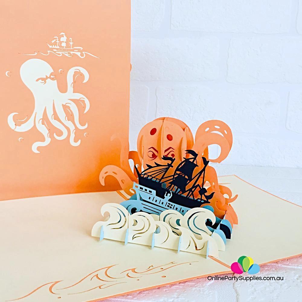 Handmade Giant Kraken Attacking Ship 3D Pop Up Card - Online Party Supplies