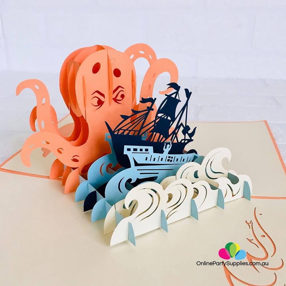Handmade Giant Kraken Attacking Ship 3D Pop Up Card - Online Party Supplies