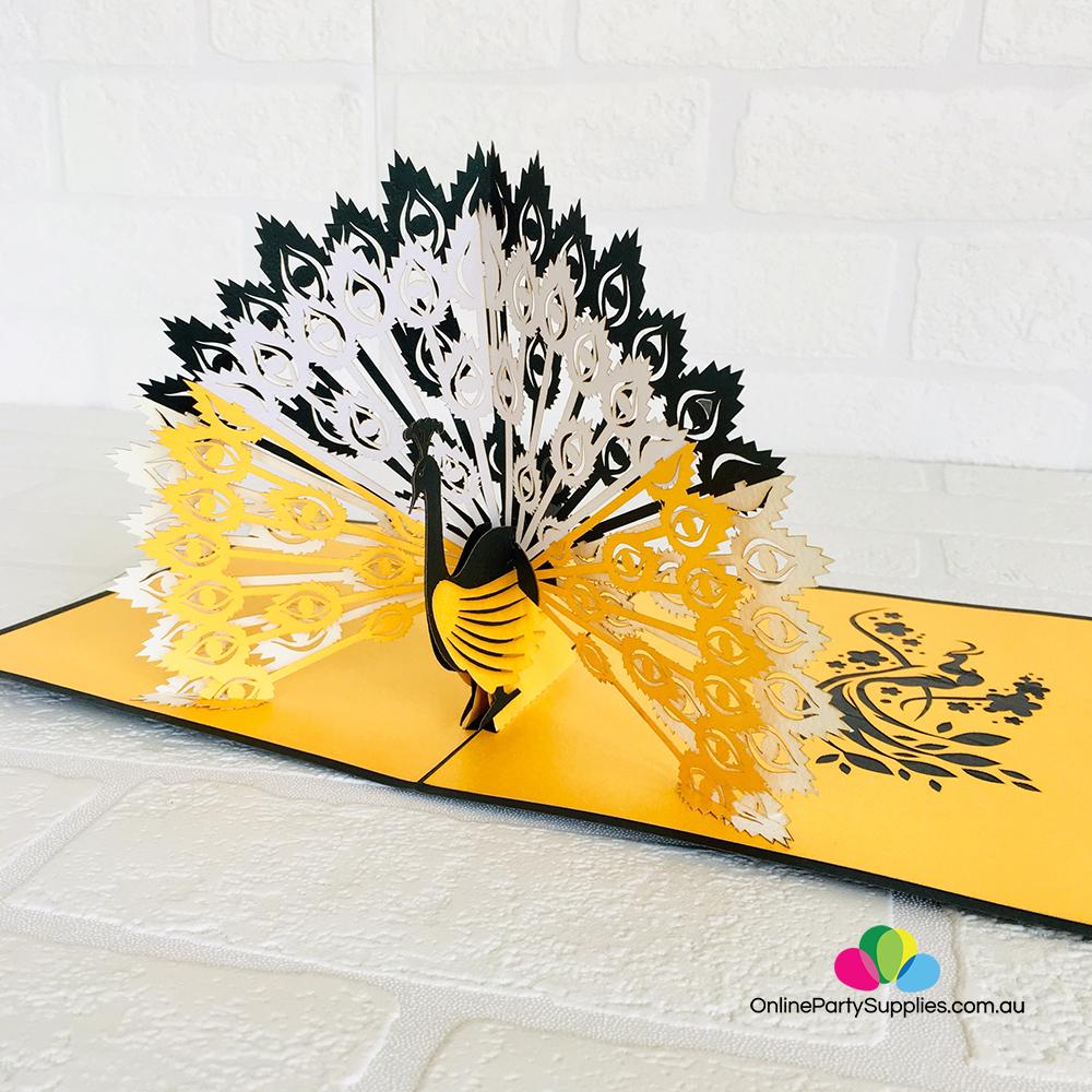 Handmade Gold and Black Peacock Pop Up Greeting Card - Online Party Supplies