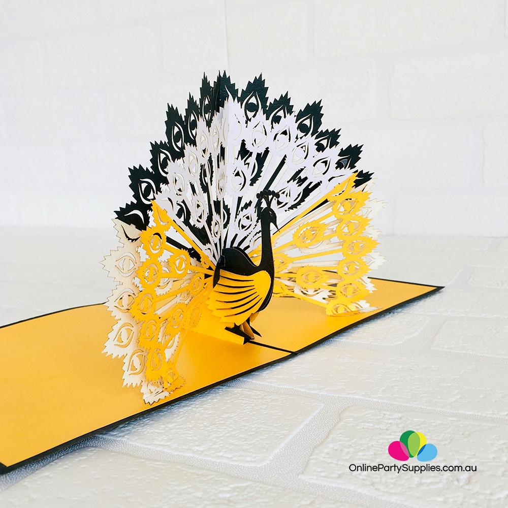 Handmade Gold and Black Peacock Pop Up Greeting Card - Online Party Supplies