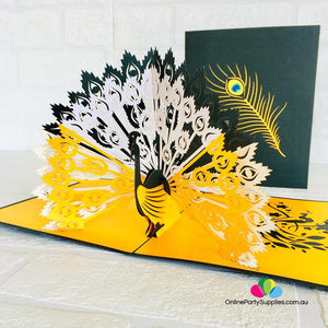 Handmade Gold and Black Peacock Pop Up Greeting Card - Online Party Supplies