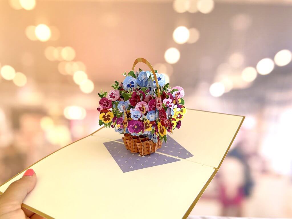 Luxury Gold Embossing Pansies Flower Basket Origami Pop Up Greeting Card