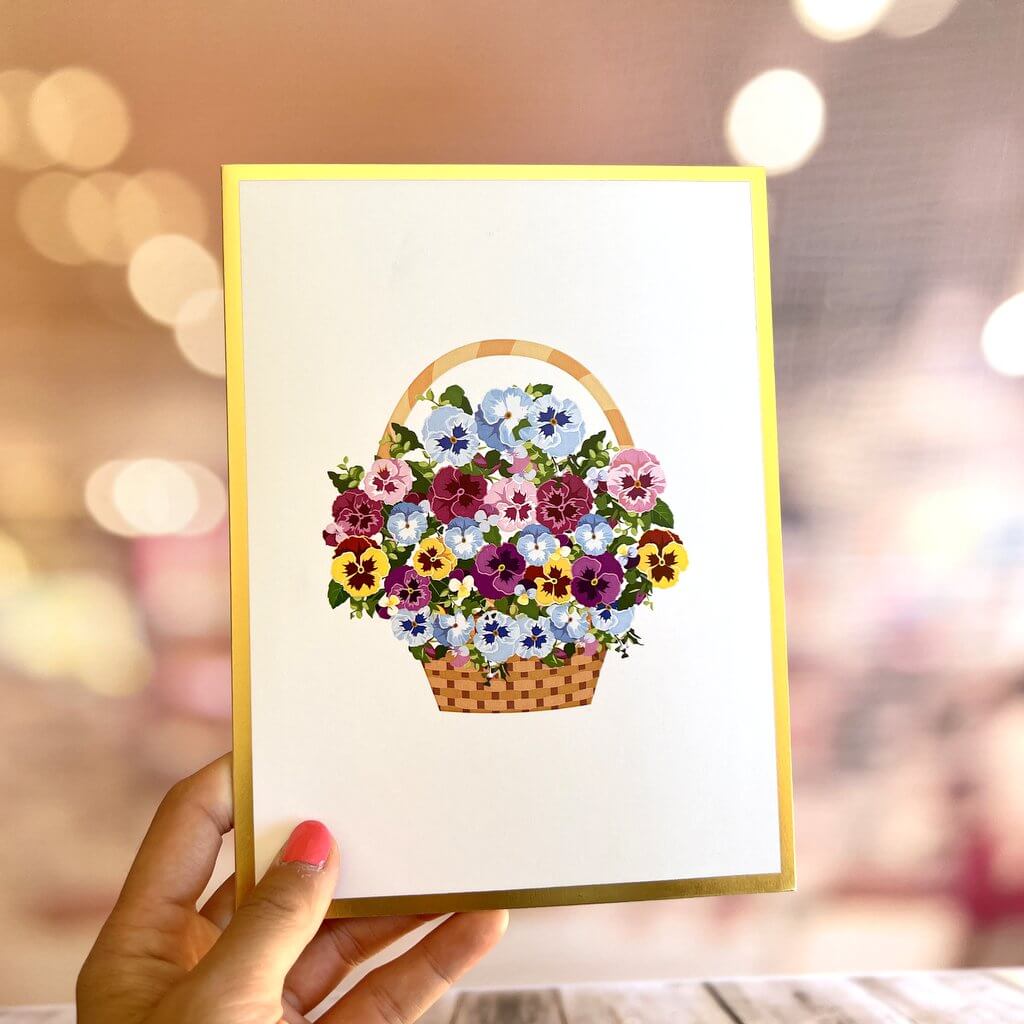 Luxury Gold Embossing Pansies Flower Basket Origami Pop Up Greeting Card